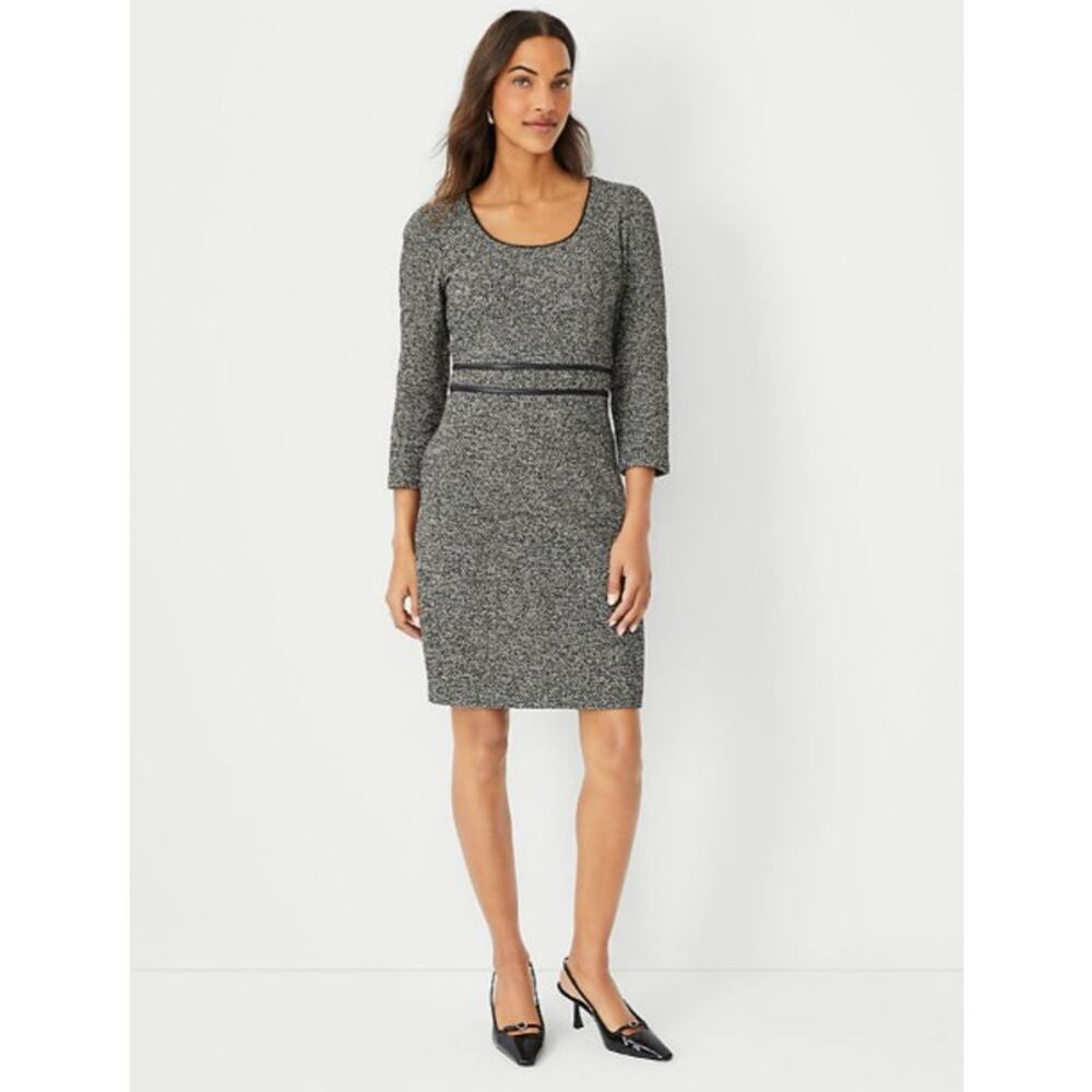 NWT Ann Taylor Faux Leather Trim Boucle Sheath Dress Size 12